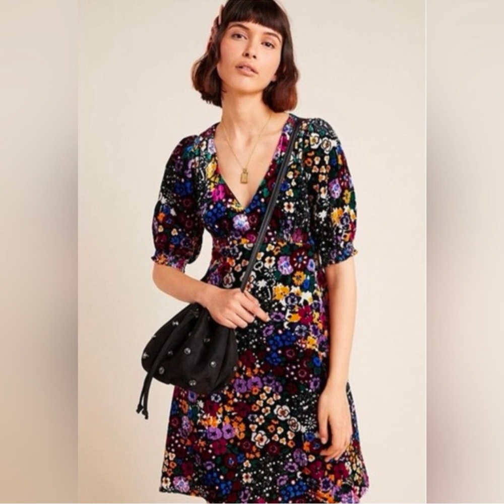 Anthropologie Pink and Purple Velvet Size 8 Puff Sleeve Dress NWOT